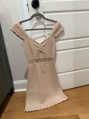 Beige Crochet Tie-Front Summer Dress